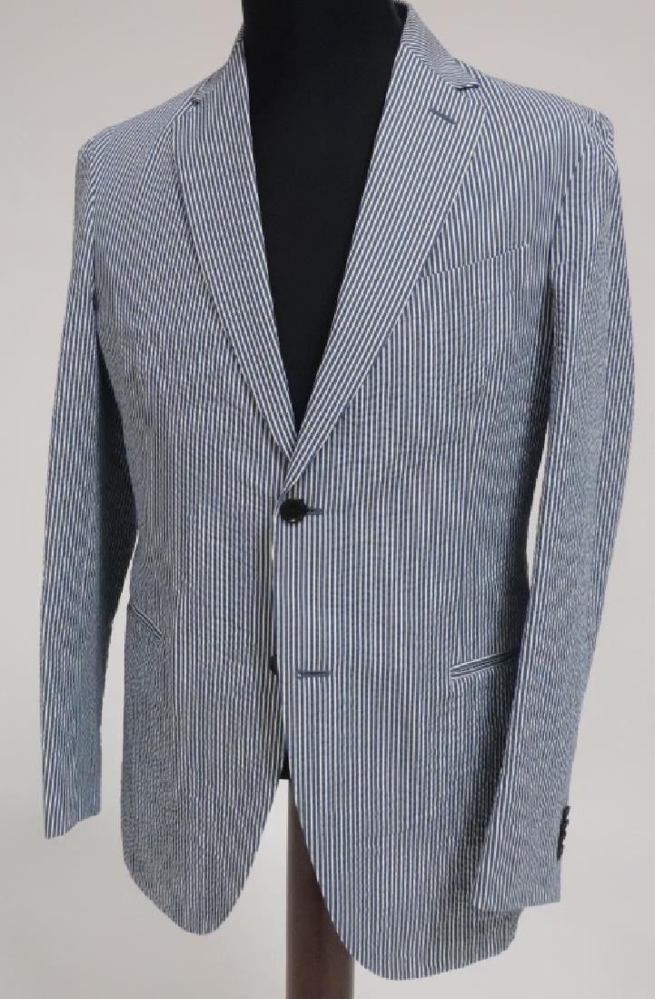 Etro Mens Searsucker Jacket: Mens cotton blue and white striped searsucker jacket by Etro - Milano. Originally $1195. (50E729809) [KR] Dimensions: Size medium Provenance: Property from an estate at 50 East 72nd Ave, Manhattan, N