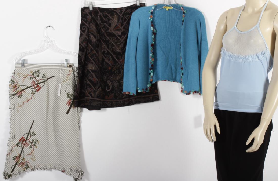 4 Designer Separates - Etro, Prada, etc.: Black wool paisley skirt by Etro - size 48. Blue knit halter top by Prada - size small. Black & white cotton ticking stripe skirt with botanical print, asymmetrical hemline and ruffled raw edges by Vi