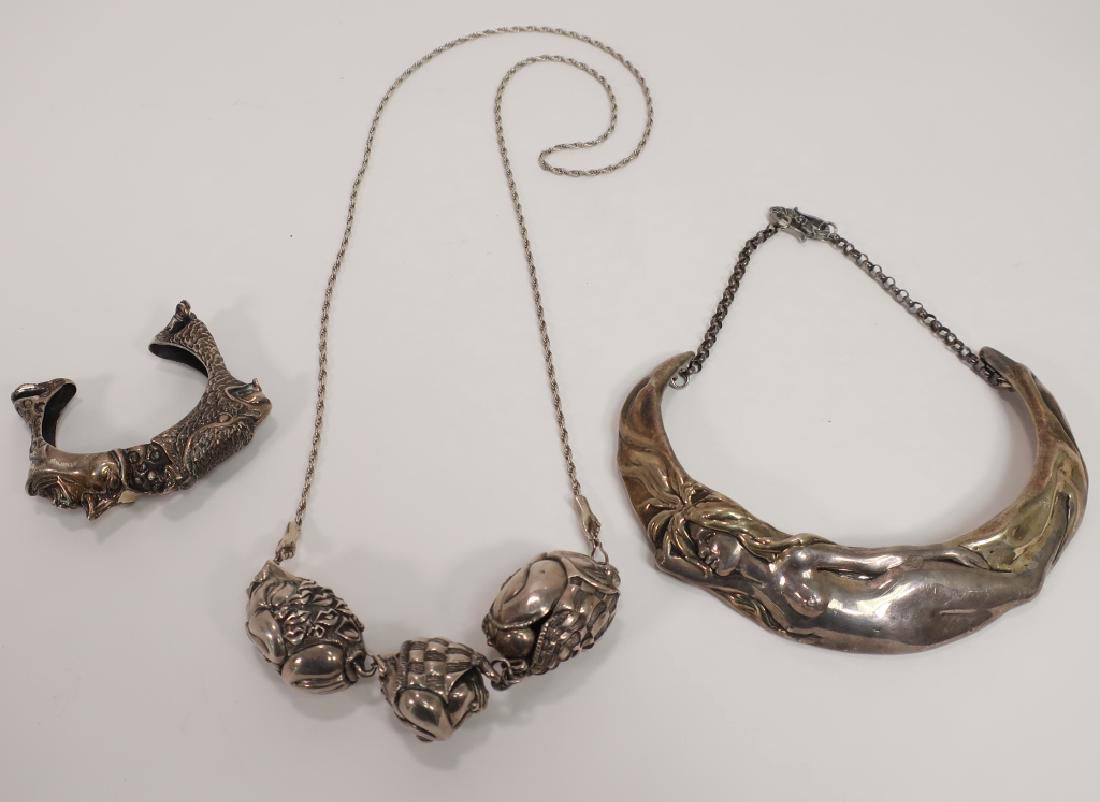 3 Pc. Silver Lost Wax Jewelry: All Signed: Three pieces of Silver Lost Wax Mythological/Figurial Jewelry: a choker of a nude signed Yaacov Heller and marked .925; and two fertility pieces, a necklace and bracelet, each signed JACLYN and marked