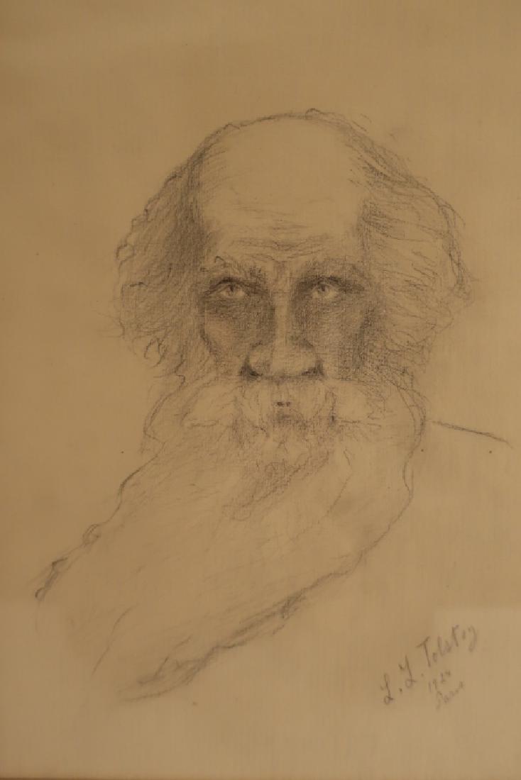 Cont’l School, Leo Tolstoy, 1924, graphite: Cont’l School, Portrait of Tolstoy, 1924, graphite, titled and dated, unsigned, possibly the same artist as the 1963 gouache of the mermaid elsewhere in this sale. NOTE: This lot is being re-auction