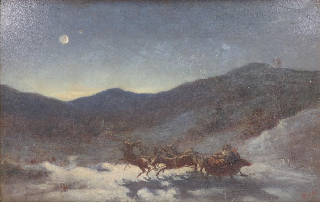Thomas Nast, Am., 1840-1902, Santa Claus's Evening: Thomas Nast, American, 1840-1902, Santa Claus's Northstar's Evening Sleigh Ride, oil on mill board, signed lower right Th. Nast. and dated 1866. The painting is set in a moonlit winter's snowy landsca