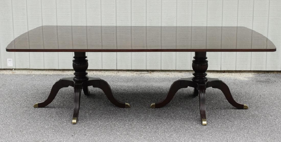 Duncan Phyfe Style Mahogany Dining Table: Duncan Phyfe Style Mahogany Inlaid Double Pedestal Dining Table, solid top, no leaves (QCHA8130)[MM] Dimensions: 29 1/2"H x 96"L x 54"W