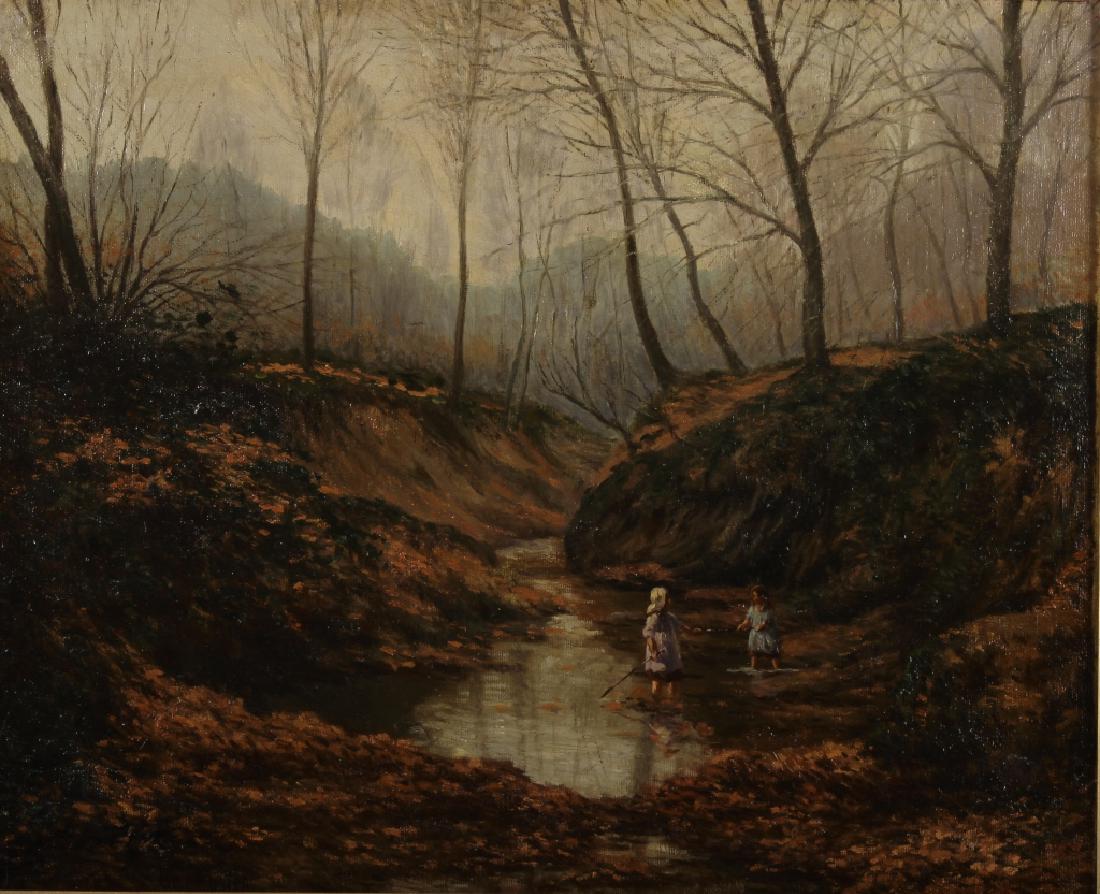 Ben Foster, Am., 1852-1926, Girls Playing, O/C: Ben Foster, American.,1852-1926, Girls Playing in Brook, Oil on Canvas, signed lower left. NOTE: The artist lived in Cornwall Hollow, Connecticut and known for Northwest Connecticut scenes. This paint