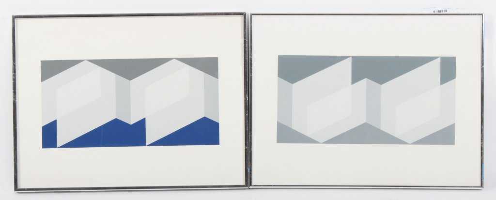 Josef Albers, 2 Silkscreens, Grey/Blue Geometric: Josef Albers, German/American, 1888-1976, 2 Silkscreen Prints, Folio II/ Folder 23 , once a diptych Note: 2 Folio prints are from Formulation Articulation, 1972, an edition of 1,000 Catalog Raisonee,