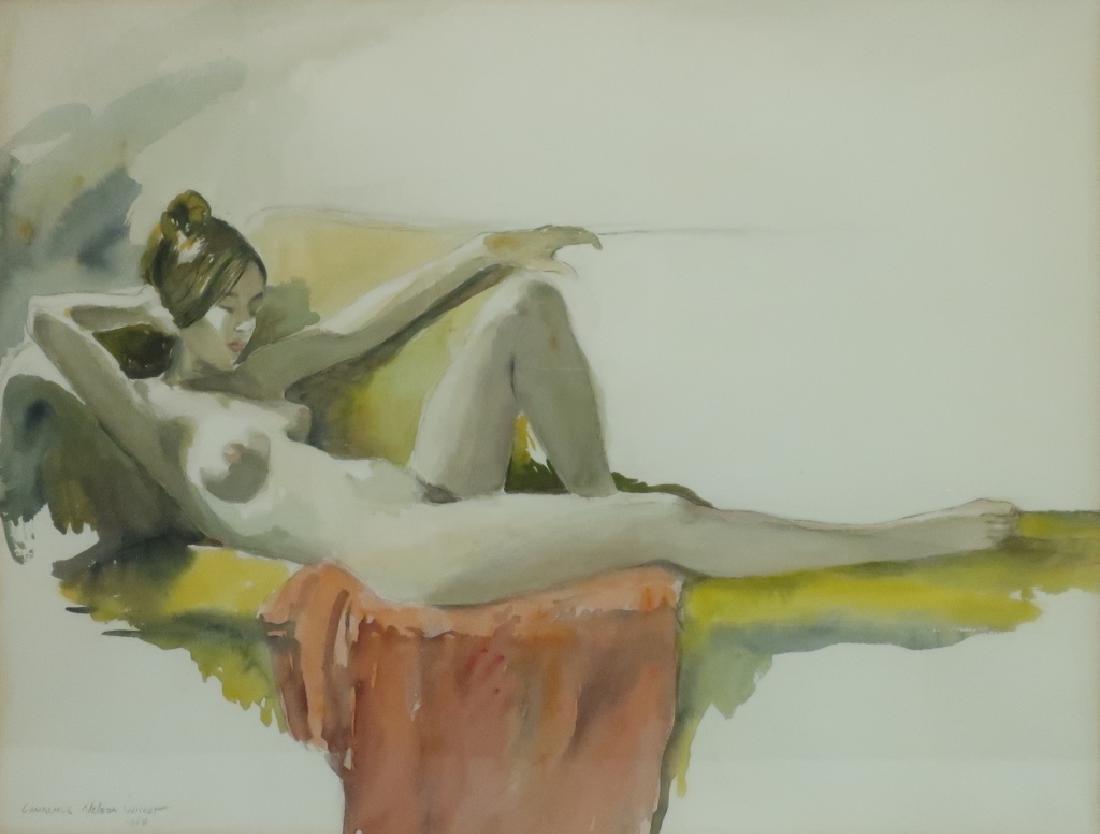 Lawrence Nelson Wilbur Reclining Nude w/c 1968: Lawrence Nelson Wilbur (American 1897-1988) Reclining Nude w/c 1968. Signed and dated lower left, "Lawrence Nelson Wilbur 1968". (WILB1411)[AC] Dimensions: Sight: 19.5" x 25.5" Frame: 30" x 36"