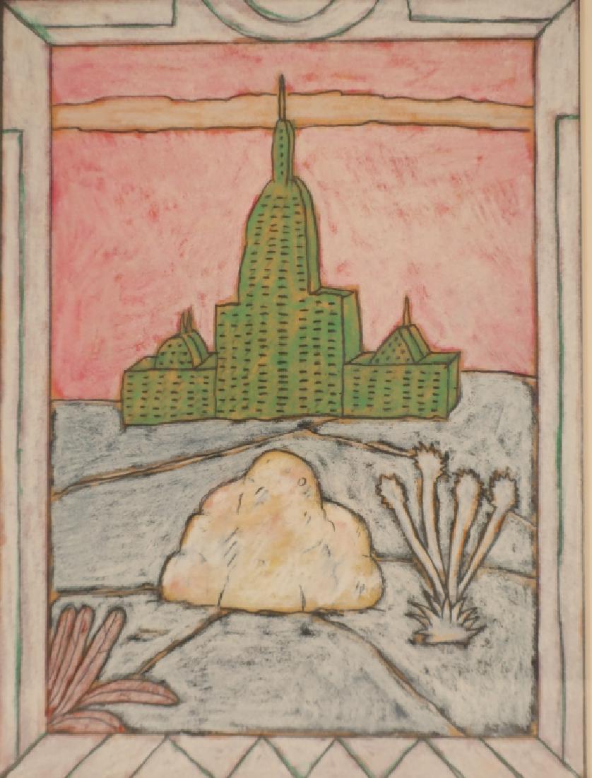 Stevan Jennis, Am., Desert Landscape, Crayon: Stevan Jennis, American, b. 1945,, Desert Landscape with Green Building, crayon/pastel, initialed, dated ‘78 (POLO7011)[TC] Dimensions: 16x12, framed 20 x 16