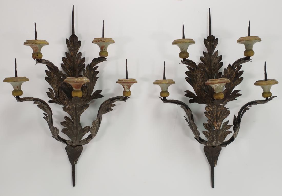 Pair of Sconces Metal Leaf Motif w/ Wood Bobeche (1 of 6)