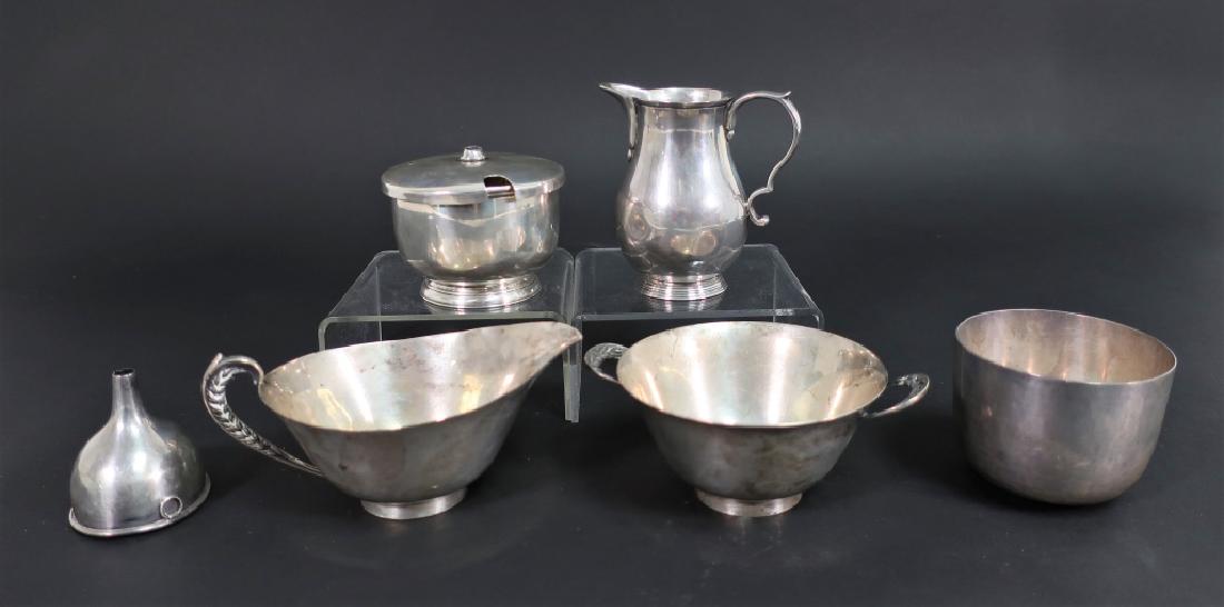 Group of 7 Sterling Silver Items: Wine Funnel etc.: Group of 7 Sterling Silver Items: Reed & Barton creamer and suger "Silver Wheat" pattern. English RC London 1957 Georgian Style hemispherical cup and pear shaped creamer. Wine funnel with gold washed