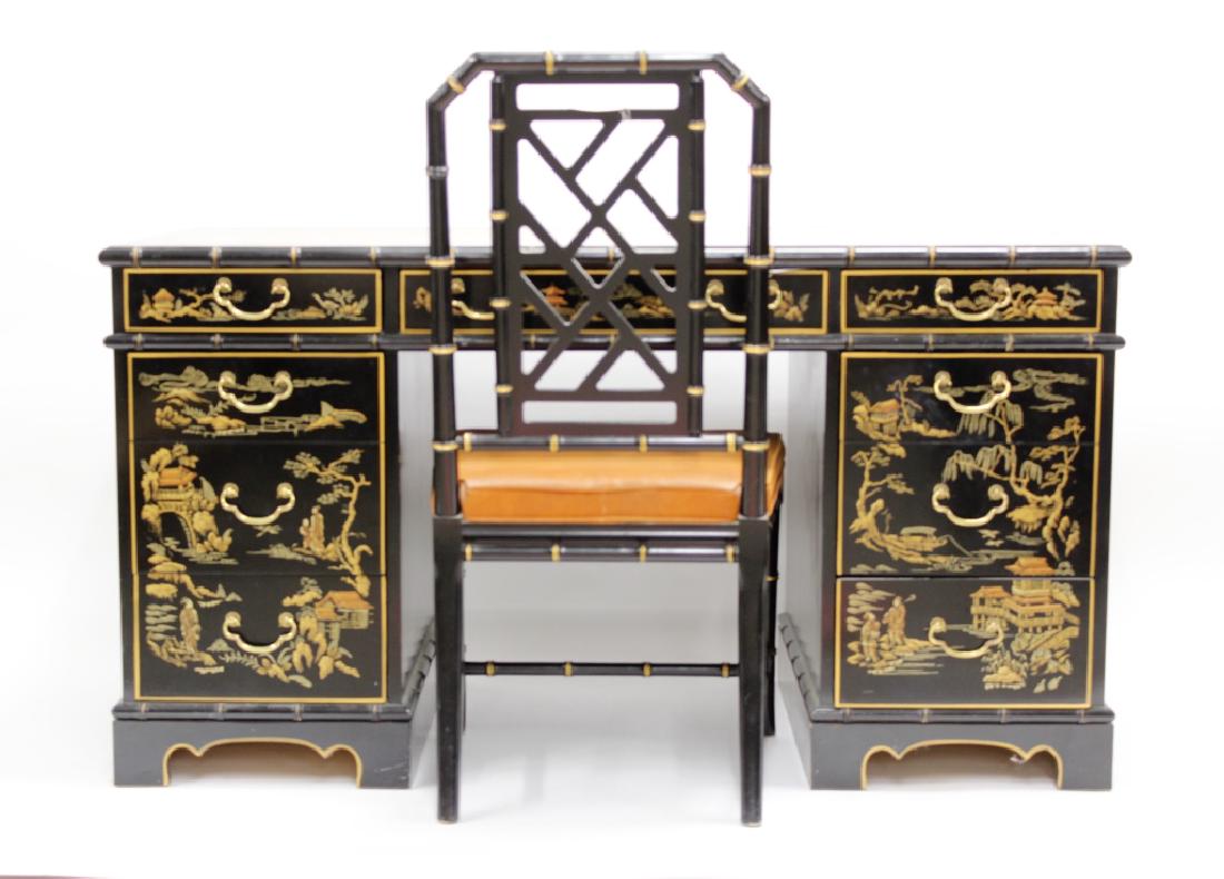 Ebonized  Faux Bamboo Chinoiserie Desk and Chair (1 of 9)