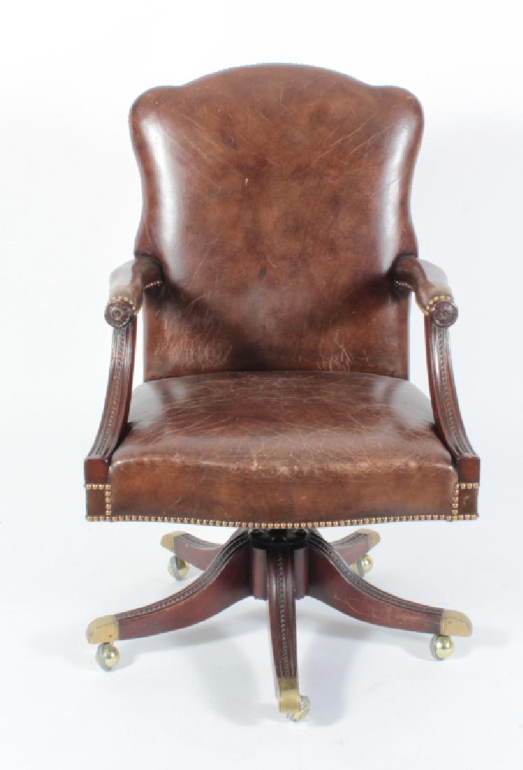 Brown Leather and Mahogany Chair, Swivel w Casters (1 of 6)