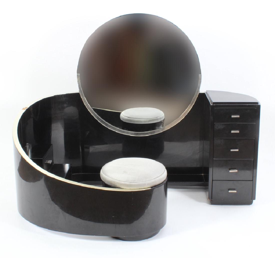 Art Deco Black Lacquered Vanity w/ Round Mirror (1 of 8)