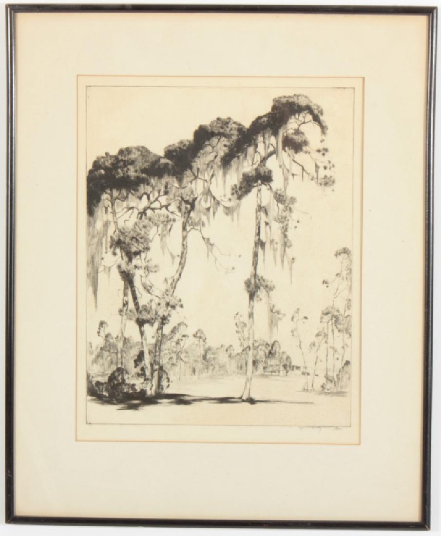 Alfred Hutty, Am. "Carolina Pines" 1935, drypoint: Alfred Hutty, American, 1877-1954, "Carolina Pines with Moss", drypoint, 1935, pencil signed lower right with snail cypher. (TCUR2066 TC) 13 7/8 in x 10 7/8 in, framed 21.5 x 17.5 Provenance: From a G