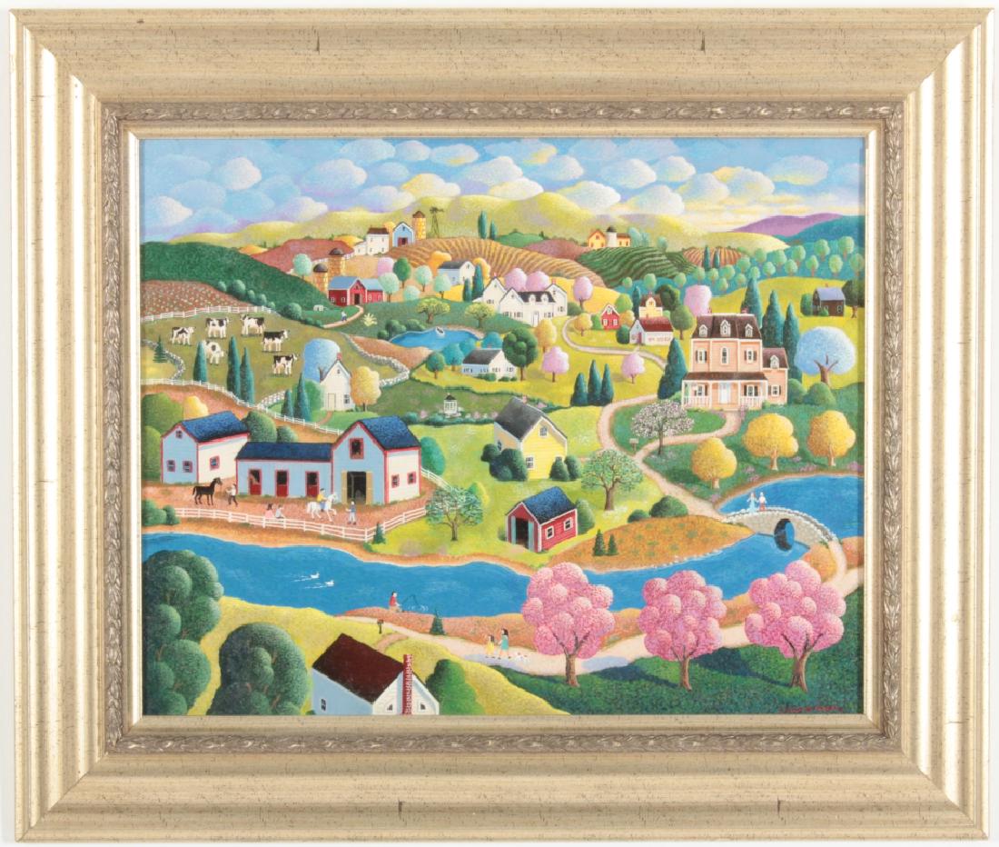 Steven Klein, 20th c., "Early Spring" o/c: Houses on a hilly slope and river, signed in full lower left. (TCRE2508 WWT) 16" x 20" Framed: 22.5" x 26.5" x 1.5" Provenance: From a private Manhattan collector.