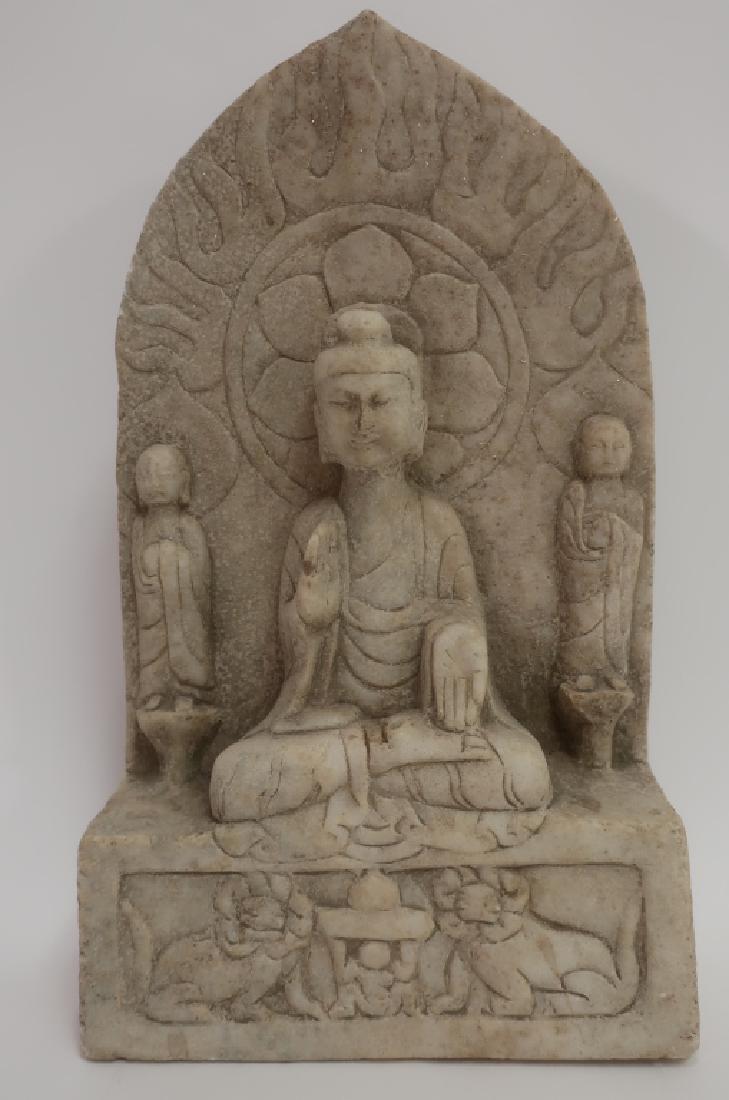 Chinese Northern Wei Style Marble Buddha Stele: Chinese Chrystaline Marble stele with Buddha, Northern Wei style, with central Buddha seated with legs crossed on a plinth, flanked by two attendants standing on lotus bases, with Buddhist Lions on th
