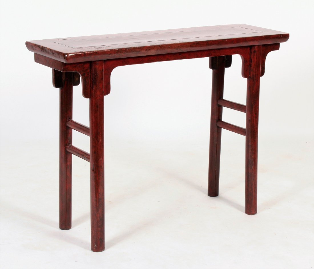 Asian Altar Table Red Laquered Wood: Asian Altar Table Red Laquered Wood (ESSEX3402)(AC) Dimensions: 43.5" w x 13.5" d x 32" d Provenance: Private collection from Essex Connecticut