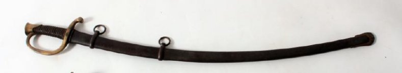 Civil War Era Artillery Sword and Scabbard, 1860: U.S. Light Artillery Saber, Brass pommel and reverse "D" knucklebow/guard. Twisted brass wire on the black leather grip. With its two ring scabbard. Marked U.S. and poorly punched 186? (SMEI3001/2)(TC