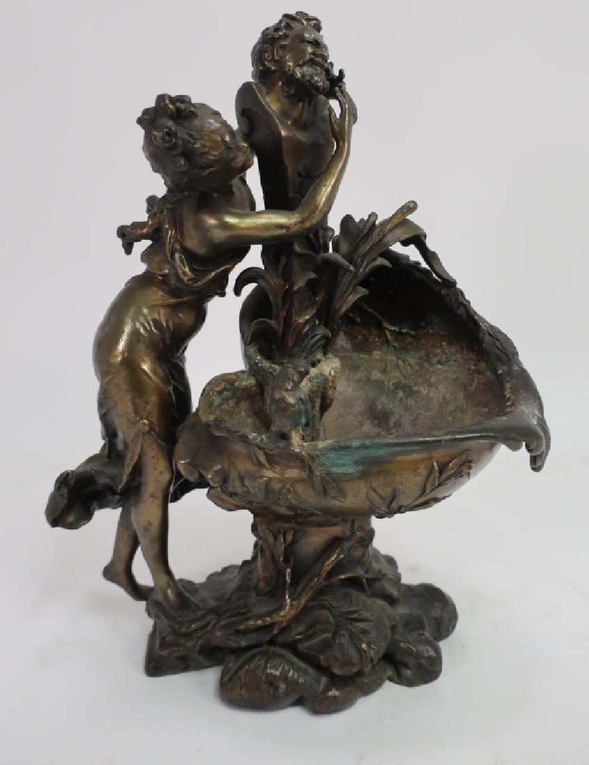 Ettlinger Freres Art Nouveau Pewter Cachepot: Brun Patinated Pewter Cachepot or Small Bird Bath. A River God on Plinth with Maiden and Songbird, foundry stamped and signed under base, artist signed on side, c. 1900. (DDIS3036)(TC) Provenance: Fro