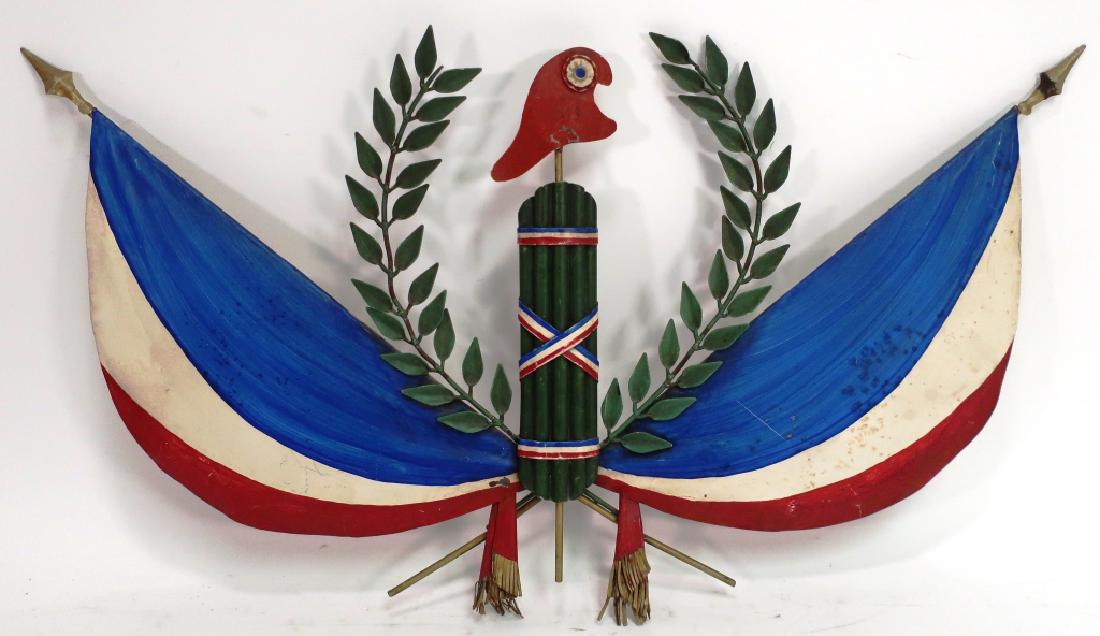 Mottahedeh French Revolution Painted Tole Plaque: A Mottahedeh French Revolution Painted Tole Wall Plaque with the symbols of the Revolution, - the fasces, Phrygian cap with blue cockade and Tricolor, marked ITALY with Mottahedeh label verso, possibl