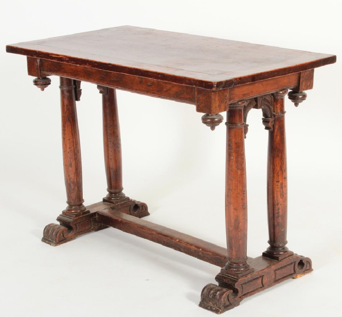 16th C. Henri II Carved Walnut Side Table: 16th C. French Henri II Carved Walnut Side Table, top later, ends with swelling columns on H-stretcher base, label affixed to underside with title and description "From Arnold Seligmann, Rey & Co., In