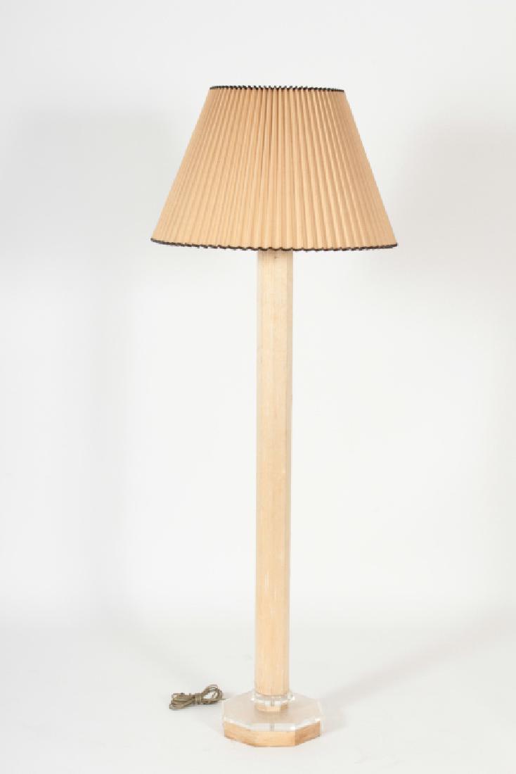 Possibly Karl Springer Standing Floor Lamp & Shade: Possibly Karl Springer Standing Floor Lamp & Shade, silk faille wrapped and lucite base with crimped linen shade. (ACOR3406)(AC) Dimensions: Lamp: 59.5" h x 9.5" diameter baseShade: 22" diameter x 14"