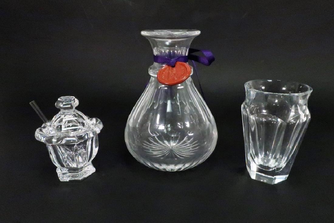 William Yeoward & Baccarat Crystal Pieces: 1 William Yeoward & 2 Baccarat Crystal Pieces, includes decanter, mustard pot and vase, Baccarat with boxes (AINS3106/3)(MM) Dimensions: Decanter 8" x 6 1/2" Provenance: From a Historic Litchfield Con