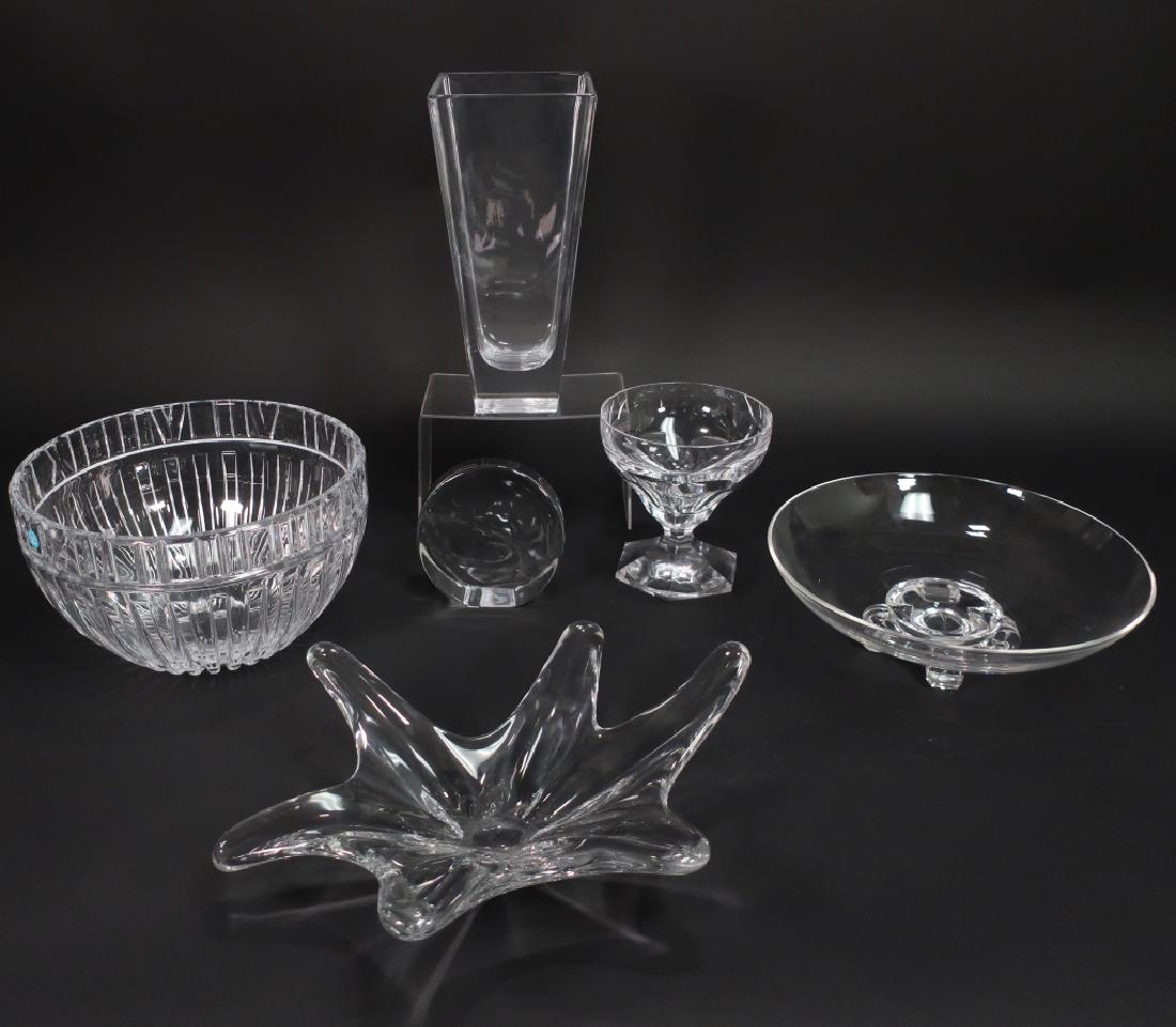 6 Crystal Items Tiffany Baccarat Steuben Lambert: 6 Crystal Items Tiffany Baccarat Steuben Lambert, each etched marked. Tiffany & Co. square tapered vase, paper weight and bowl with "Made in Germany" paper Label, Baccarat starfish bowl, Steuben scrol