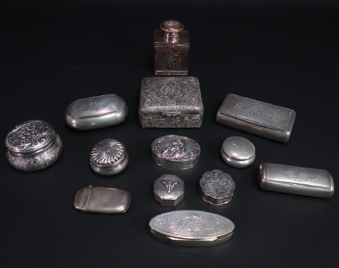 13 Continental Sterling Silver/Silverplate Boxes: 13 Continental Sterling Silver/Silverplate Dresser Boxes, pill boxes, match safe,etc. in sterling silver, German and Austrian silver and silverplate, total silver weight 17.38 ozt. (ANUM3300/13)(PR) D