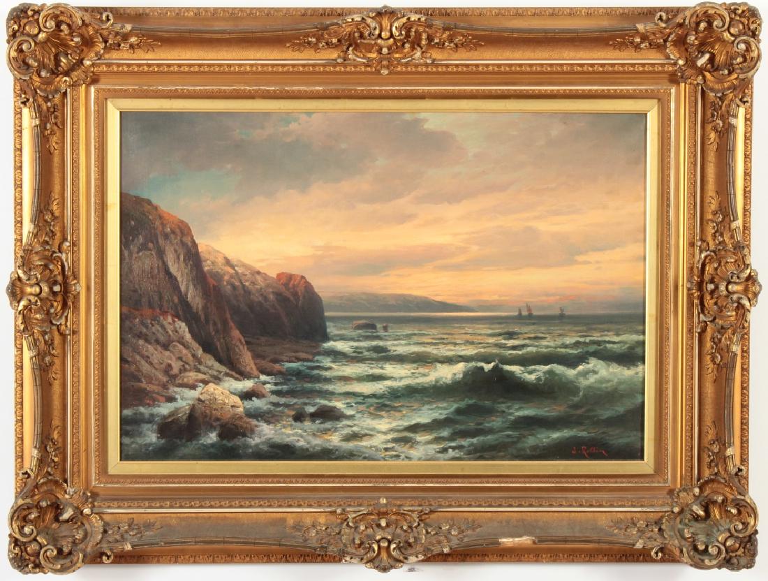 Adolf Kaufmann, 1848-1916, Seascape, O/C: Adolf Kaufmann, Austro-German, 1848 - 1916, Ocean Sunset with Rocky Shore and Distant Sails, signed J. Rollin (one of the artist's many pseudonyms). An old Gimbel's department store frame label verso.