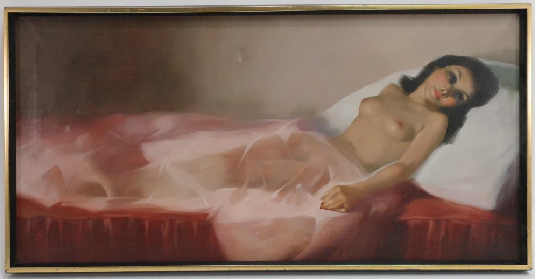 Calio, Italian, 20th c., Recumbent Nude, O/C: Antonio C Calio, Italian, born 1908., Recumbent Nude, oil on canvas, signed lower right. (DDIS3007)(TC) Dimensions: 18 x 36, framed 20 x 38 Provenance: From a Gustav Stickley home in Colonial Heights,