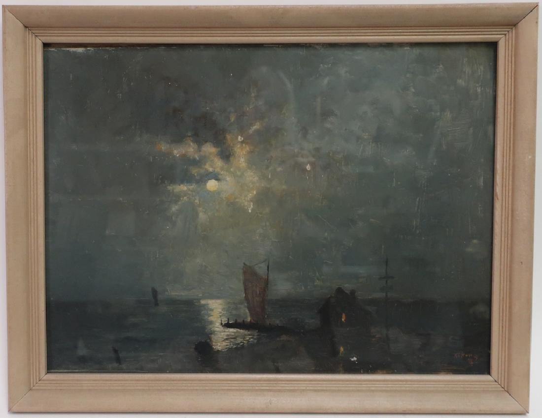 Manner of Whistler, Ocean Nocturne, O/B, 1893: Manner of Whistler, Coastal Nocturne, oil on 19th c. artist's board, signed lower right and dated 1893 (HGRA3006)(TC) Dimensions: 11.5x15.5, framed 14x18