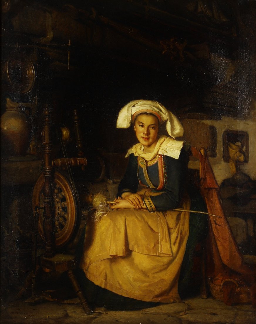 Robert Wylie, Brit-Am., Breton Girl, O/C, 1871: Robert Wylie, British-American, 1839-1877, Pensive Breton Girl, oil on canvas, signed and dated 1871. NOTE: Based in Brittany, the artist died young and examples of his ouevre rarely come to auction.