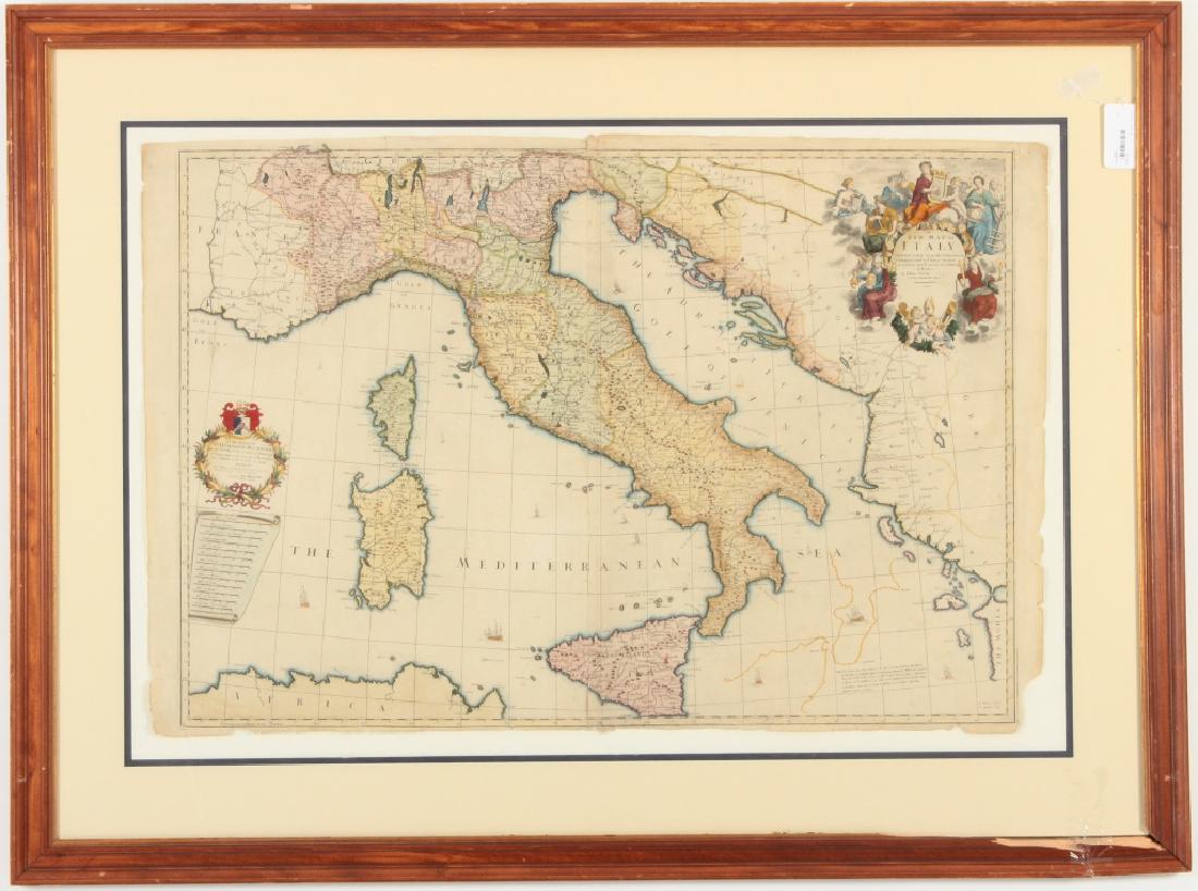 Large Antique Map Italy John Senex Engraving 1708: Large Antique Map "A New Map of Italy" John Senex (English 1678-1740) & John Maxwell, Hand Colored Engraving, 1708. (BNPP3413)(AC) Dimensions: Map: 26" h x 40" wFrame: 39" h x 52" w x 1" d Provenance: