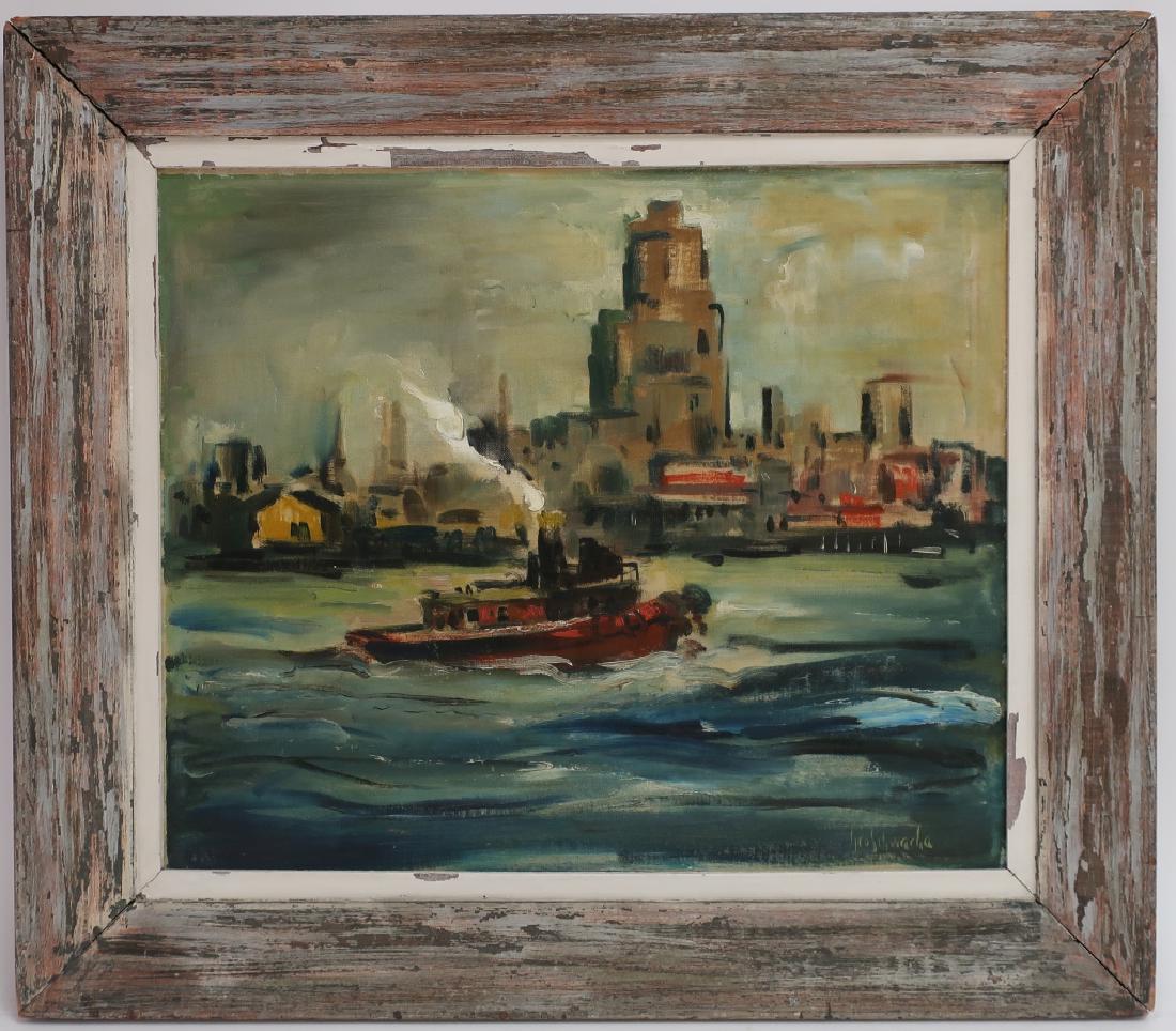 George Schwacha 1908-86 Tugboat in NYC Harbor O/C: George Schwacha, American-New Jersey, 1908-1986, Tugboat in NYC Harbor, oil on canvas board, signed lower right, "Geo Schwacha". (BNPP3402)(AC) Dimensions: Art: 20" h x 24" wFrame: 31" h x 27.25" w x 