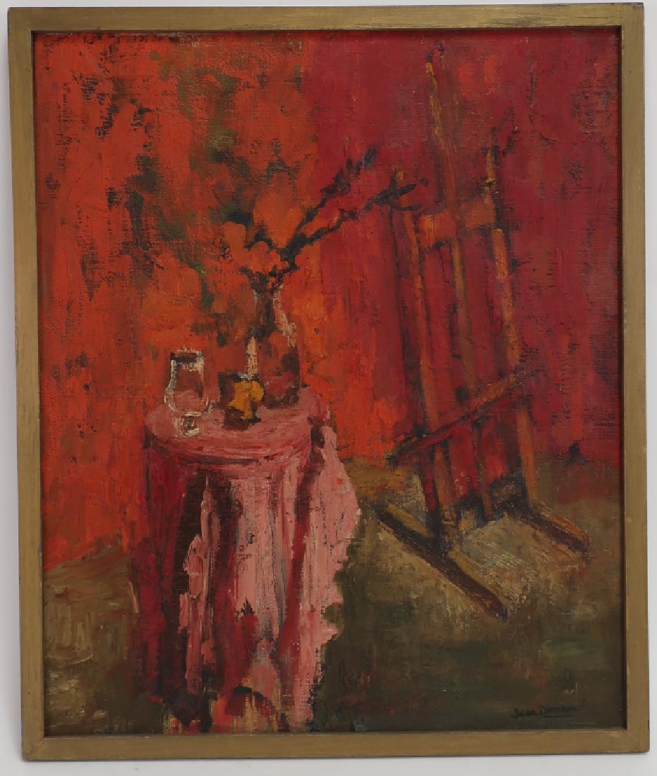 Jean Duncan Still-Life with Easel O/C 20th c.: Jean Duncan Still-Life with Easel O/C, 20th c., signed lower right, "Jean Duncan". (DUNC3401)(AC) Dimensions: Art: 24" h x 20" wFrame: 25" h x 21" w x 2" d Provenance: Estate of Jean Duncan, 55 East 9