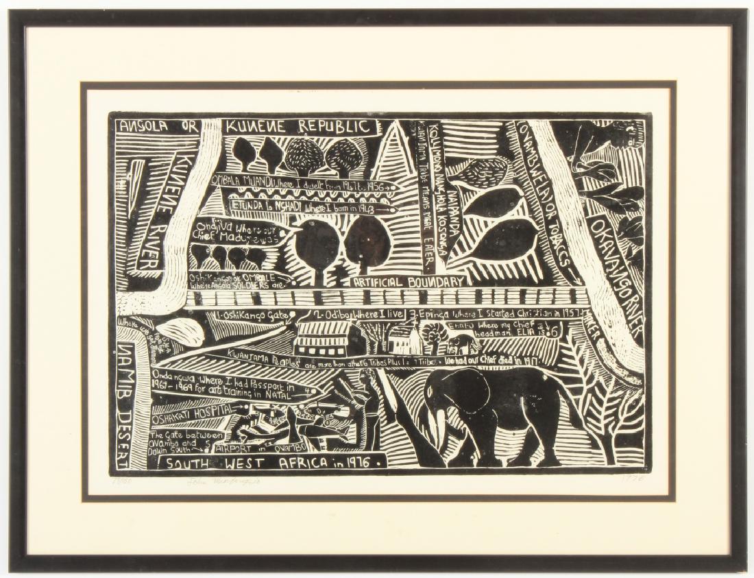 J. Muafangejo, Angola Lithograph, Signed: John Ndevasia Muafangejo, South African, 1943-1987, "Angola or Kunene Reuiblic", lithograph, 1976, signed and numbered 79/150. (SMEI3474)(WK) Dimensions: Sight: 20 x 29 Framed: 28 x 36 Provenance: Fro