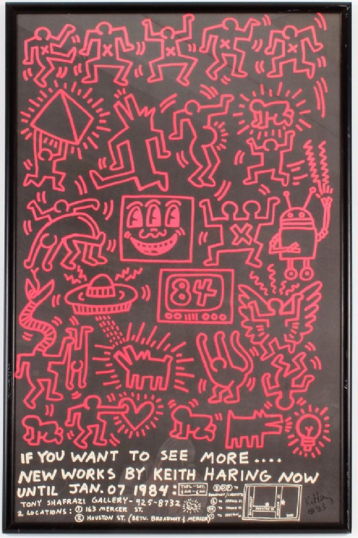Keith Haring,1984 Exhibition Poster, signed: Keith Haring, Am.,1958-1990, Keith Haring 84, Tony Shafrazi Gallery, street advert poster,1984, lithograph on bond paper, signed and dated lower right (JLEW3100)(MM) Dimensions: 46 x 31, framed Proven