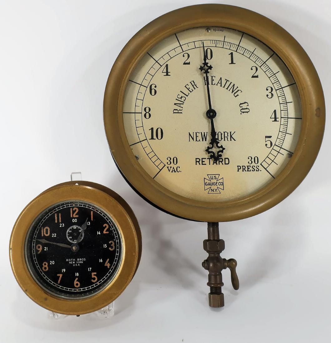 2 Brass Instruments Pressure Gauge & Ships Clock (1 of 6)