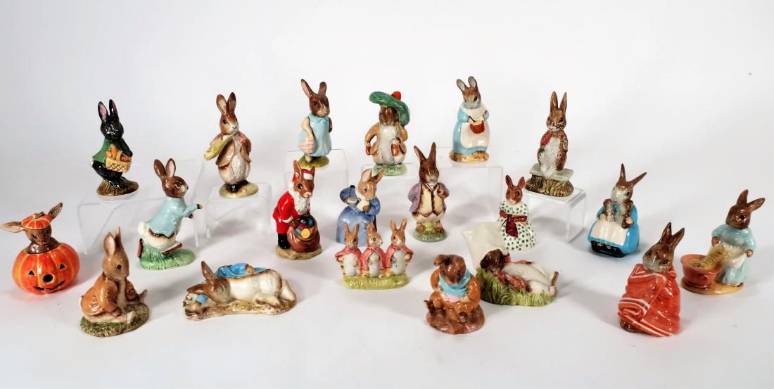 Group of 20 Beatrix Potter Porcelain Bunnies: Collection of 20 Beatrix Potter Porcelain Bunnies, English, made by Royal Albert and Beswick. (DKAT42113/20)(WK) Dimensions: Varying sizes Provenance: From a Litchfield, Connecticut home