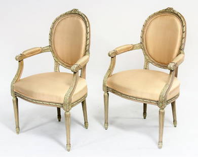 Pr. of Painted Fauteuils, William(Billy)Haines: Pair of Cream and Pink Painted Fauteuils, William (Billy) Haines, C.1960 Provenance:ex Christies, https://www.christies.com/lotfinder/lot_details.aspx?intObjectId=5598912 (JBEN4120/2)(MM) Dimensions: