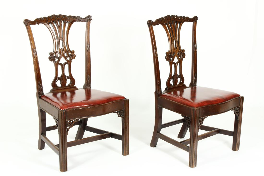 Pair of George III Mahogany Side Chairs: Pair of George III Mahogany Carved Side Chairs, c. 1765, scallop carved crest Provenance: From the Estate of Janice Newman Rosenthal. Provenance: ex Christies, https://www.christies.com/lotfinder/lot_