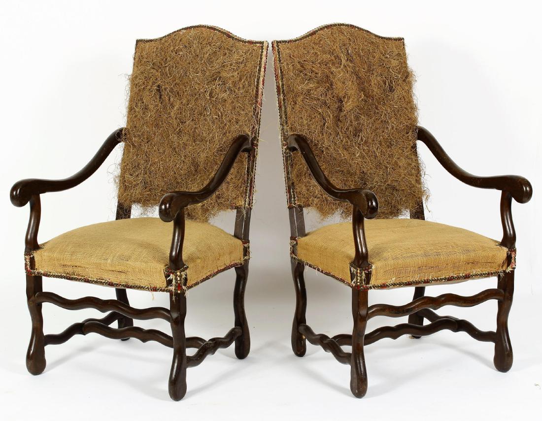 Pair Louis XIV Style Fauteuils, Michael Trapp: A Pair of Louis XIV-Style Fauteuils, upholstery removed, burlap covered seat and rear, exposed straw filling. PROVENANCE: as purchased in this manner from Michael Trapp Inc, 2009, $2400, accompanied b