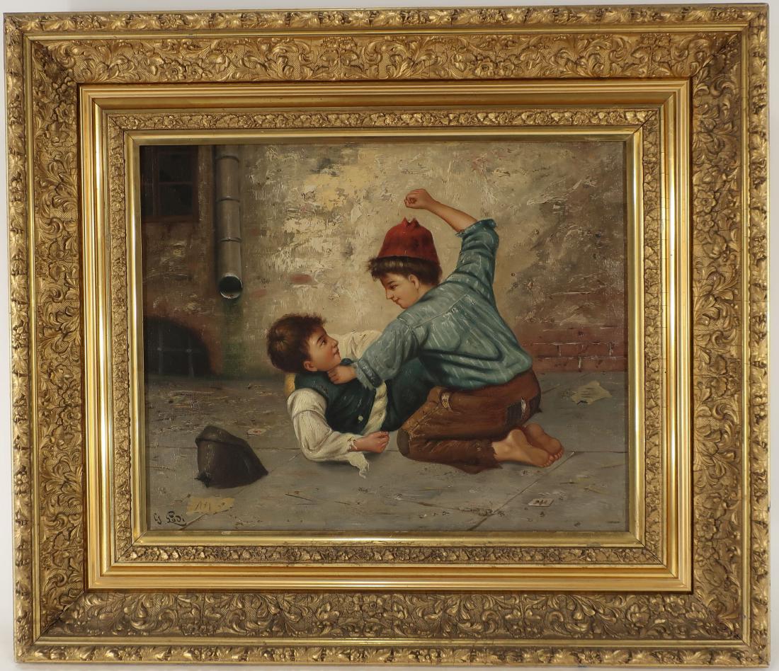 Gaetano Lodi "Boys Fighting" O/C: Gaetano Lodi "Boys Fighting" O/C. Signed lower left "G. Lodi" (MCAS4436)(AC) Dimensions: Art: 20.5" x 24.5" Frame: 25" x 29.5" Provenance: Cascone Collection of Arts and Antiques