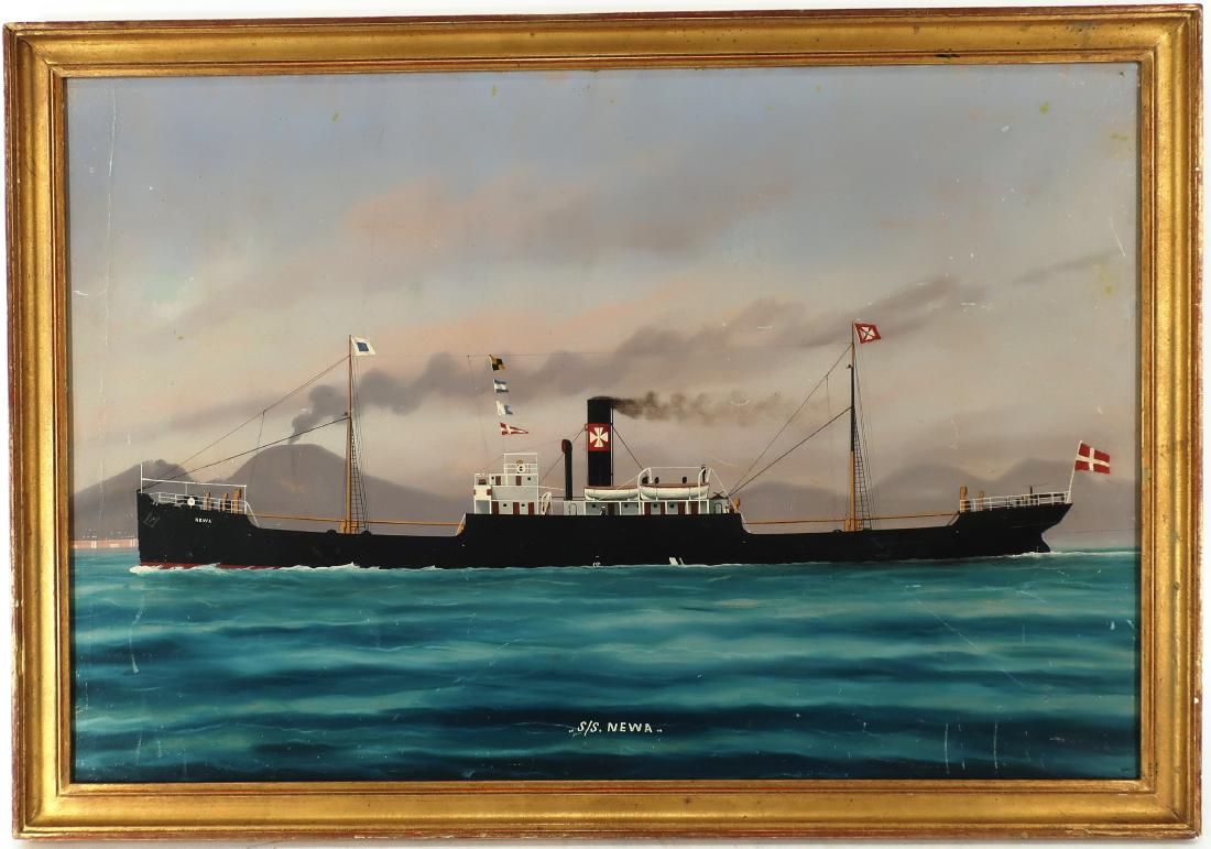 "S.S. Newa . ." Steam Ship O/B: "S.S. Newa . ." Steam Ship O/B, oil on board. [158] (MCAS4463)(AC) Dimensions: Art: 17" x 25.5" Frame" 19" x 27" Provenance: Cascone Collection of Arts and Antiques