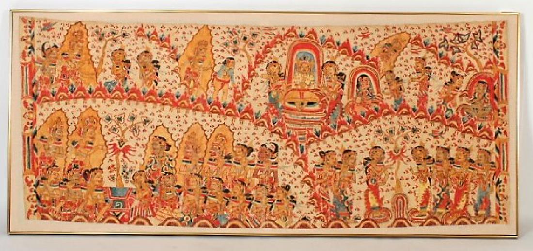 Indonesian Folk Painting of Buddha w Disciples: Indonesian Folk Art Painting on Cloth, with Buddha surrounded by Disciples.(AINS3206)(WK)Dimensions: 39 x 90 Framed