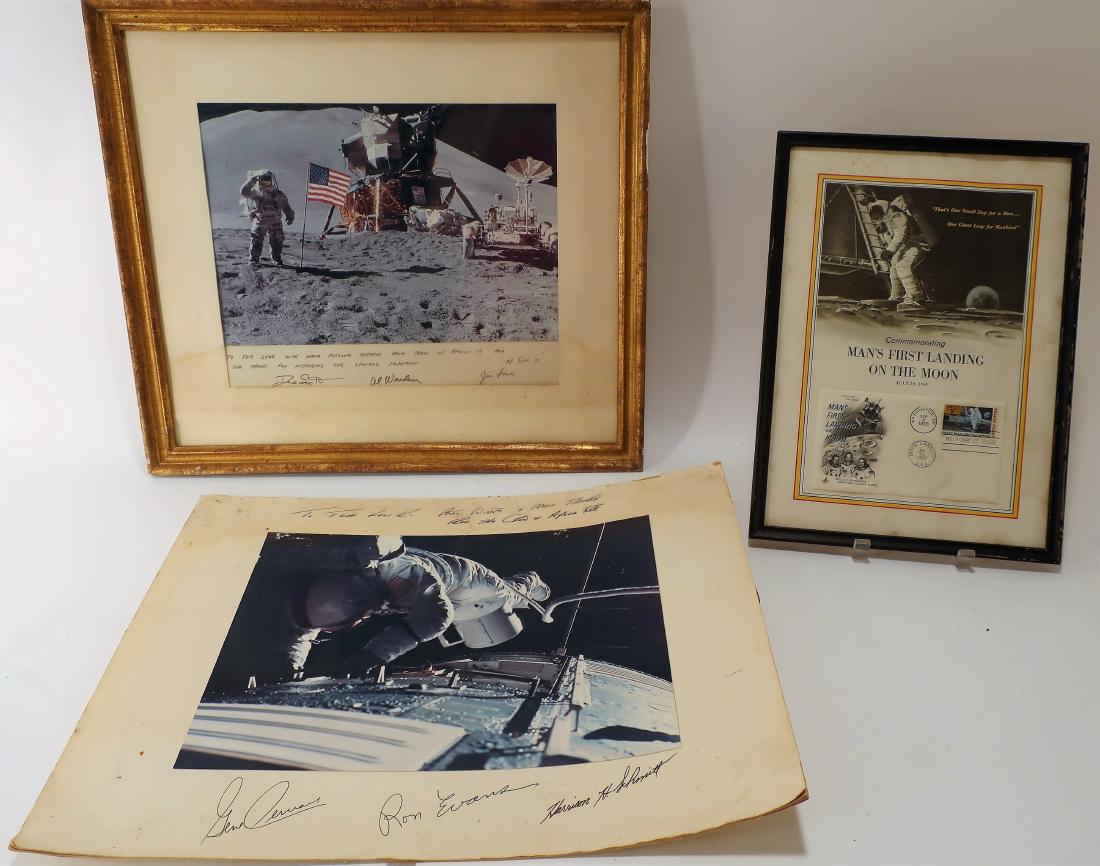 NASA Apollo 15+17: Signed Photos + 1st Day Issue: NASA Apollo 15 Framed Photo inscribed to the consignor and dated 28 Sept 71 and handsigned by astronauts David Scott, Alfred Worden, and James Irwin; Apollo XVII Photo handsigned by Gene Cervais, Ron