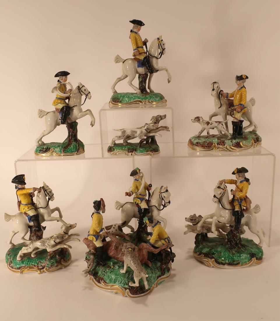 Nymphenburg Mounted Hunt Party after the 18th c.: A Seven Piece Mounted Hunt Party: 1960's reproductions of the original 1770 porcelain figurines by Frankenthal, made by Nymphenburg, bears proper marks including the cypher of Carl Theodor, Elector of