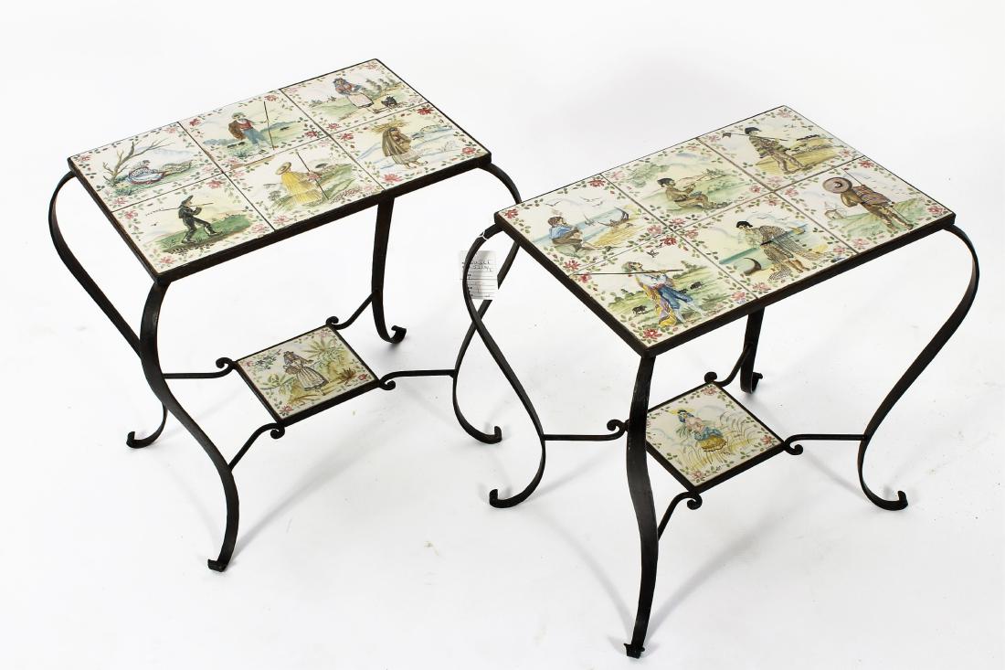 Pair of Portuguese Tilt-Top Tables, Dated 1956: Pair of Portuguese Tilt-Top Tables, Dated 1956, marked "F.S.T Lisboa Portugal 1956", with wrought iron bases (2 pcs.)(QWILT5510/2)(WT)Dimensions: 18 x 20 x 14 Provenance: Property from a Wilton, CT ho