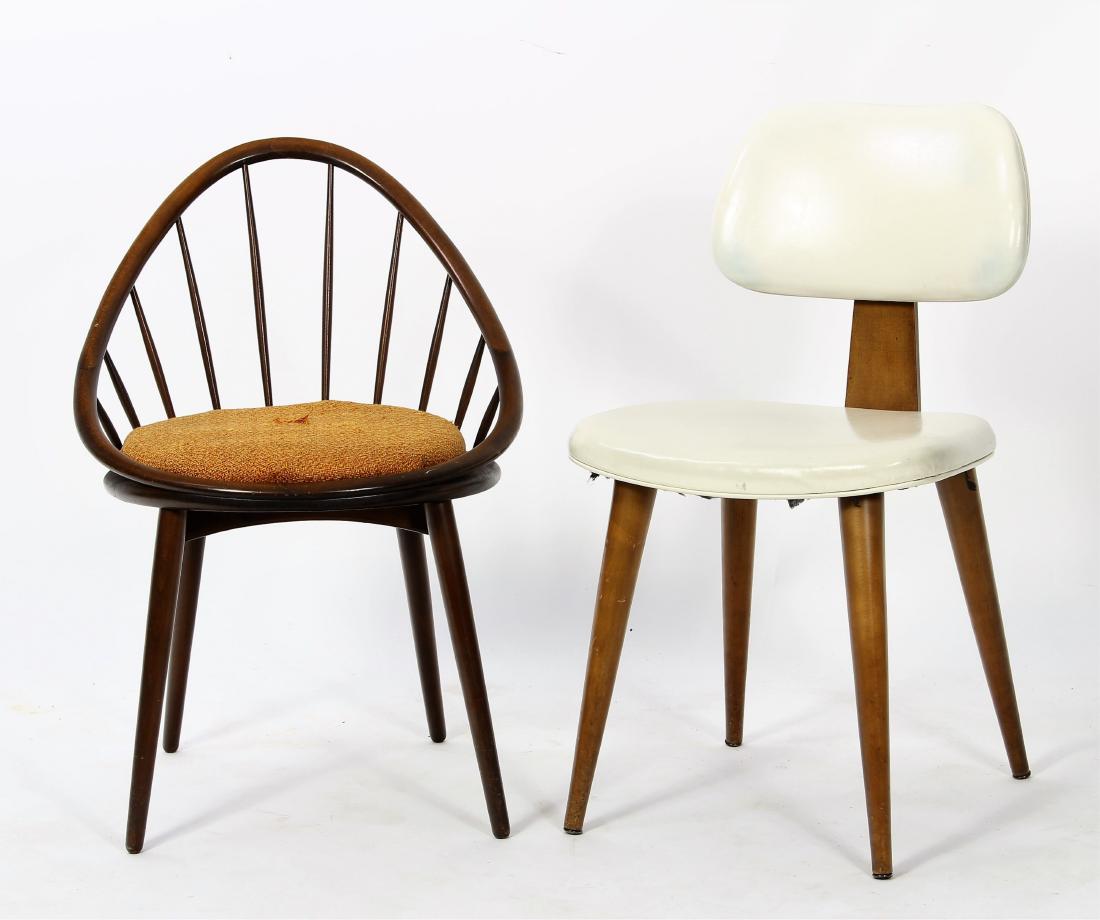 Lot of 2 Modern Chairs: Vinyl and Spindle-back: Lot of 2 Modern Chairs: White Vinyl and a Spindle-back with tapered peg legs(QISON5409/2)(AC)Dimensions: Vinyl: 18.5: w x 20" d x 32" hSpindle-back: 20" w x 19" d x 31" h Provenance: Property from Upp