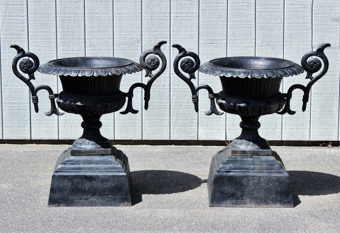 Pr Large Black Painted Handled Urns on Plinths (1 of 7)