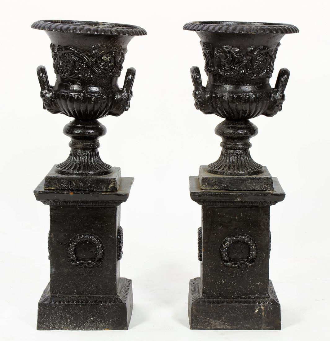 Pr Black Painted Ornate Garden Urns/Plinths c.1900 (1 of 6)
